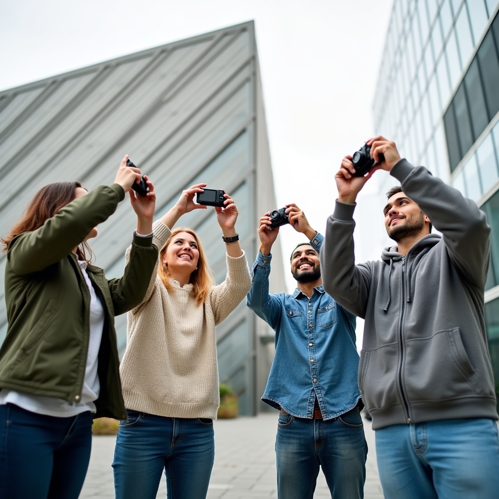 A small group practicing framing techniques outdoors with their phones during a composition workshop