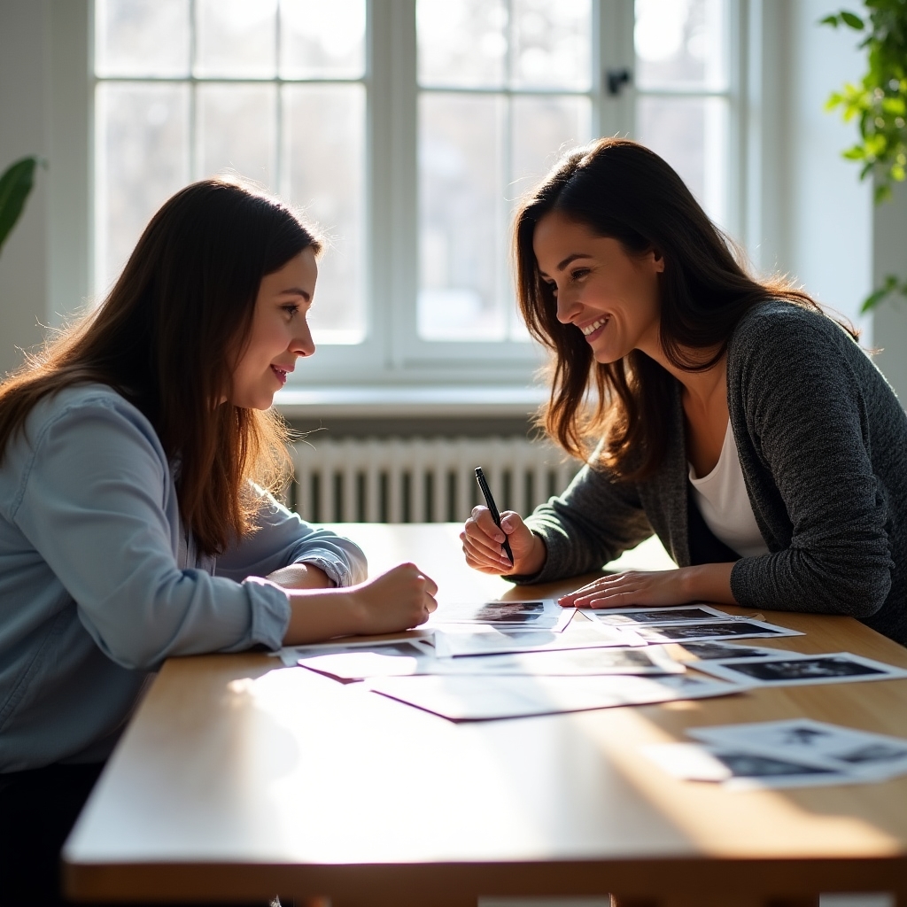 An instructor reviewing a student's printed photographs spread across a table during a feedback session