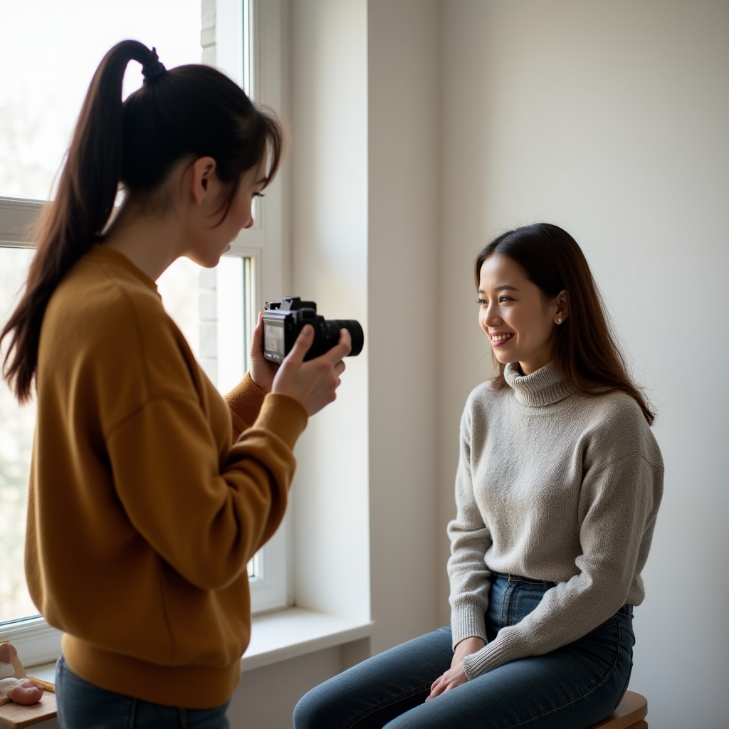 A woman photographing a friend near a bright window using soft natural light