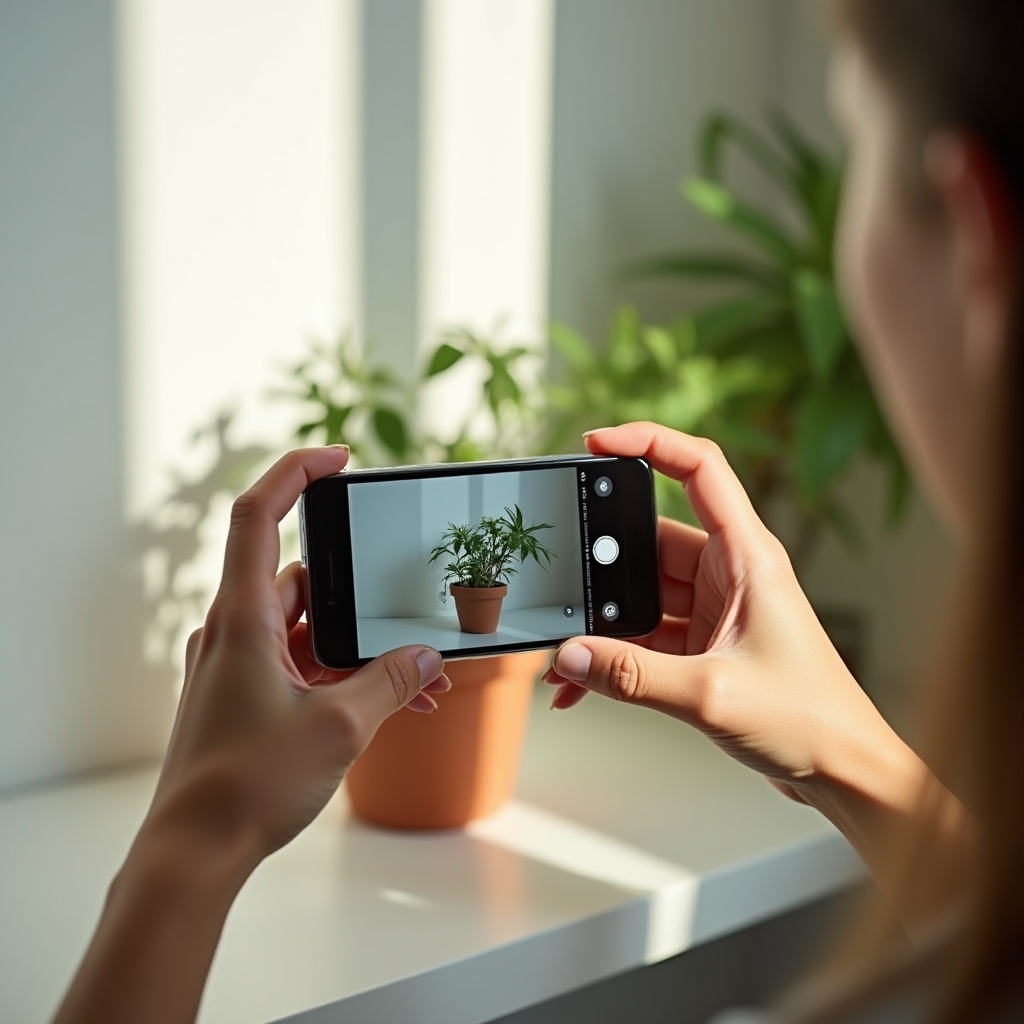 Close-up of hands holding a smartphone framing a photo of a plant on a windowsill