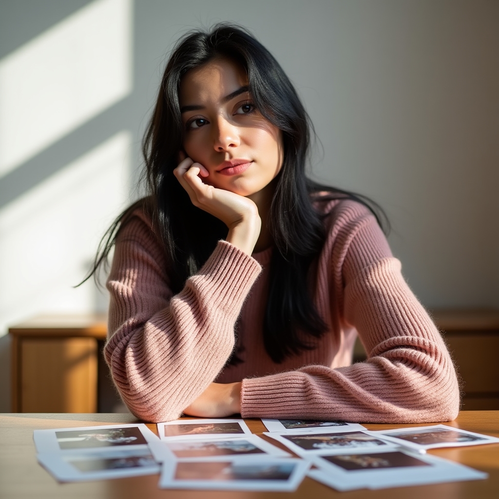 A woman reviewing a printed set of her photographs spread across a table