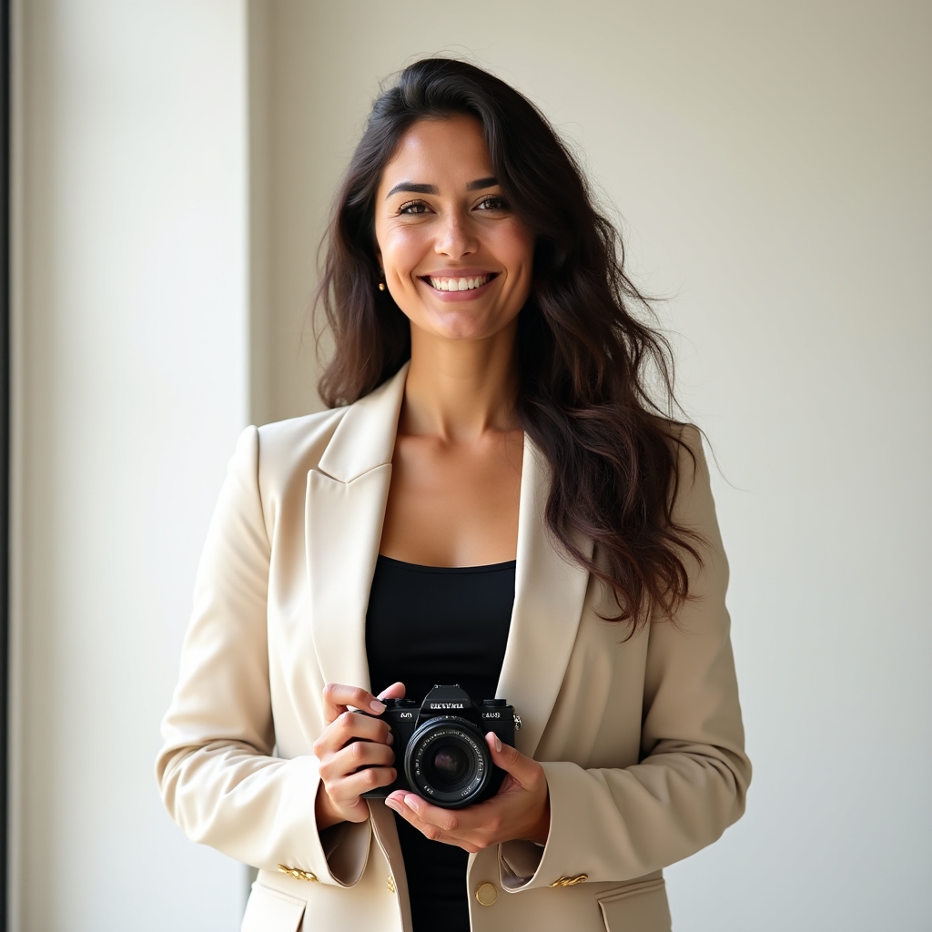 A woman in her early thirties standing confidently in a bright studio holding a mirrorless camera