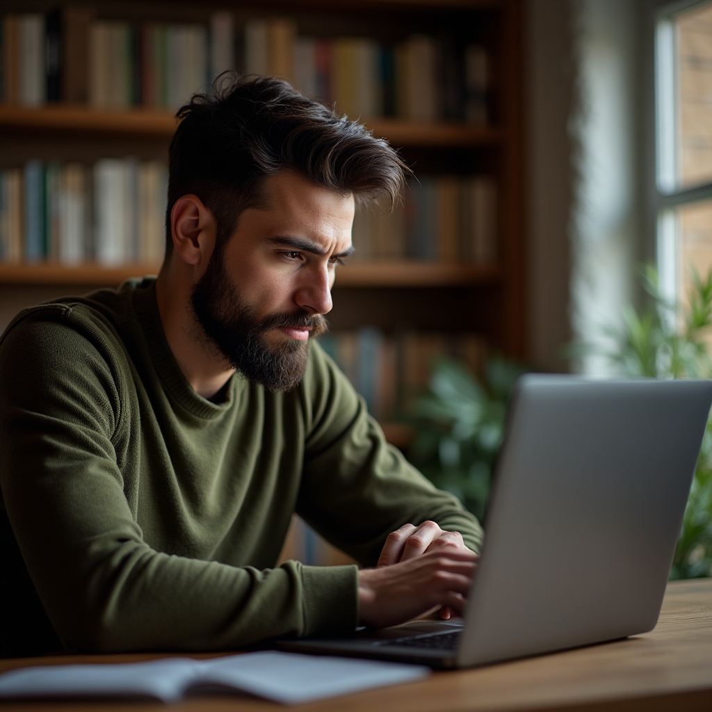 A man in his late twenties reviewing photo edits on a laptop screen at a wooden desk
